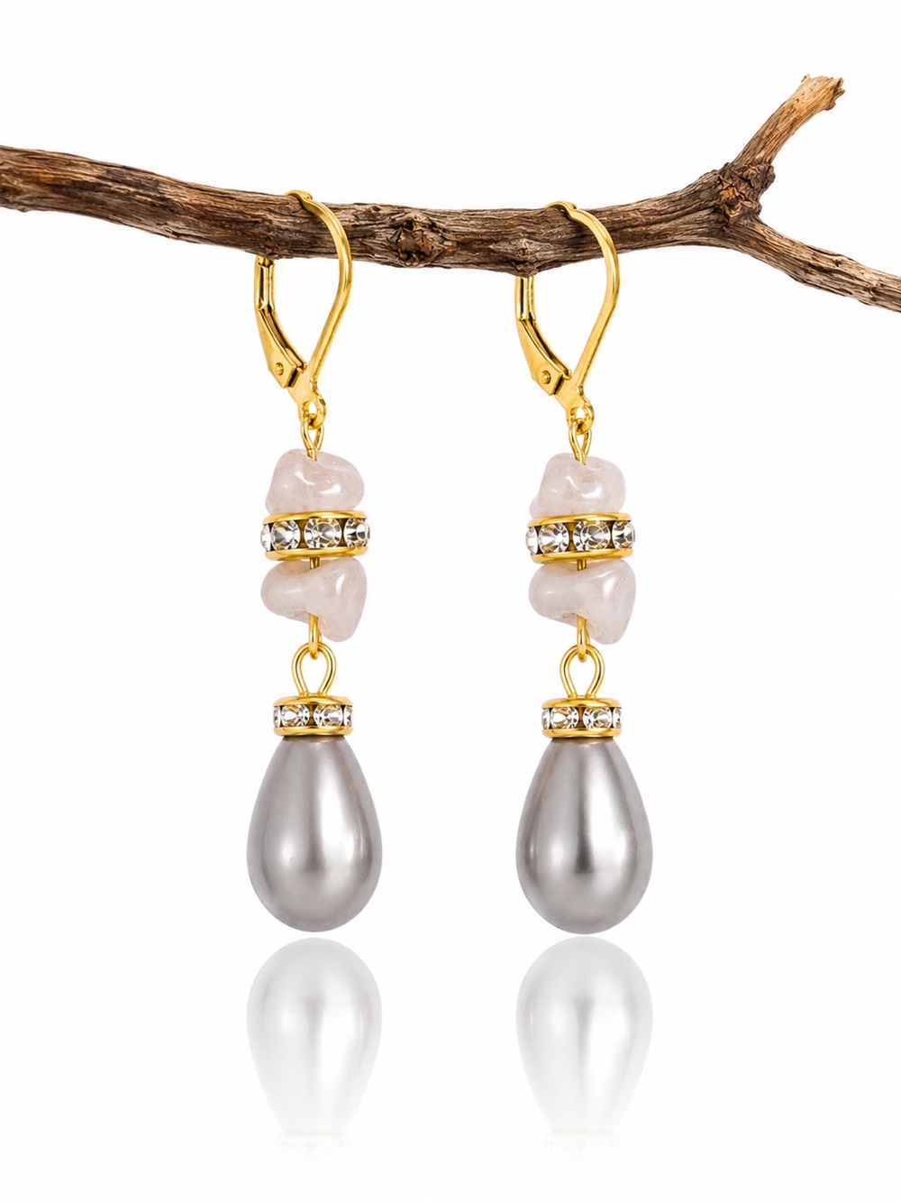Romantic Gray Pearl & Blush Stone Drop Earrings